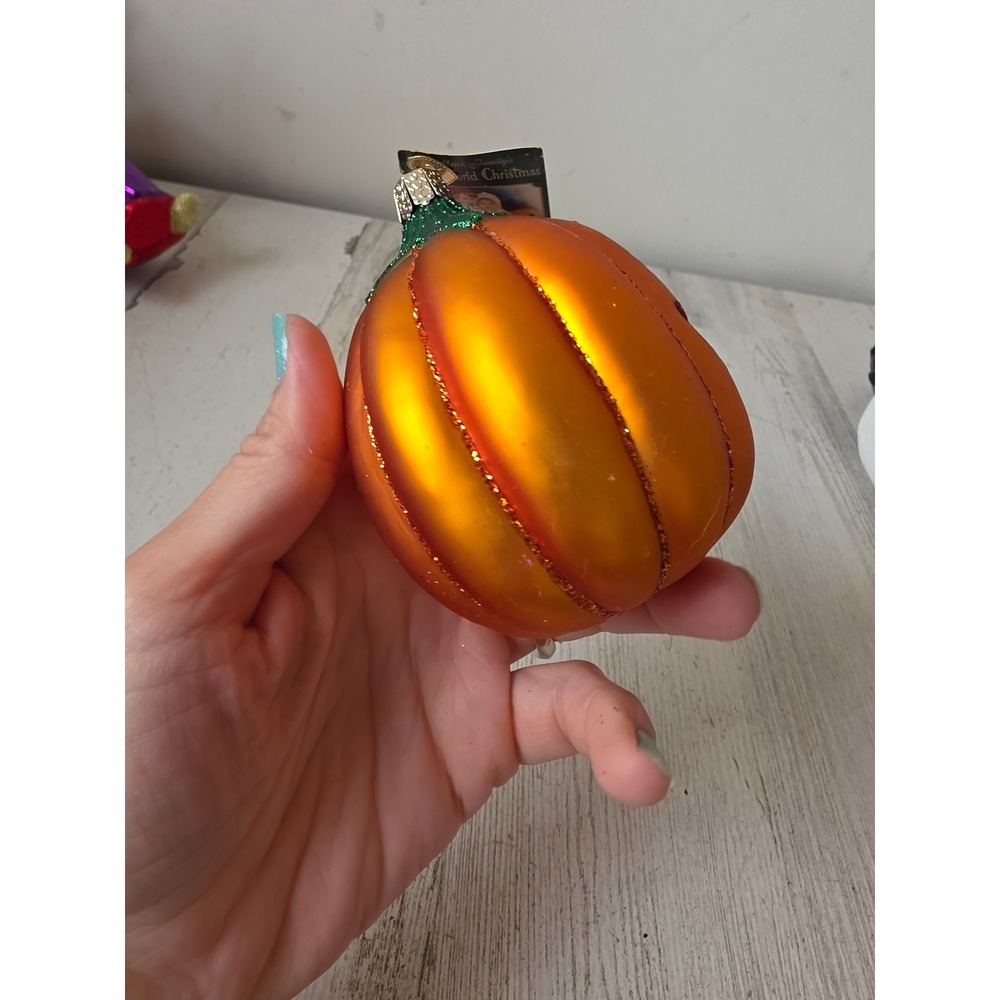 Vintage OWC old world jack-o'-lantern pumpkin glitter orange Halloween ornament - Picture 5 of 7